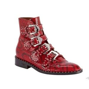 GIVENCHY Calfskin Red Python Embossed Studded Ankle Boots Womens 6.5 36.5 Straps